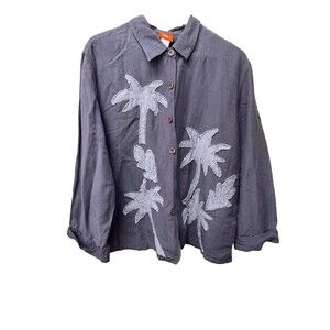 HEART of PALM Tropical Linen Resort Jacket Womens Sz 14 Artsy Blue Art to Wear